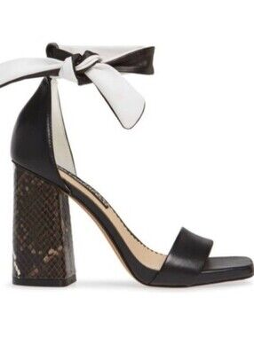 Black and White Ankle-Tie Block Heel Sandal